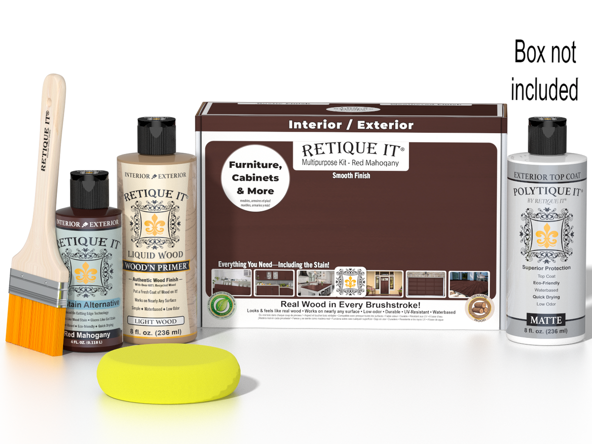 Retique It® Multi-purpose Smooth Finish Kit in Red Mahogany for exterior wood, includes top coat and application tools.