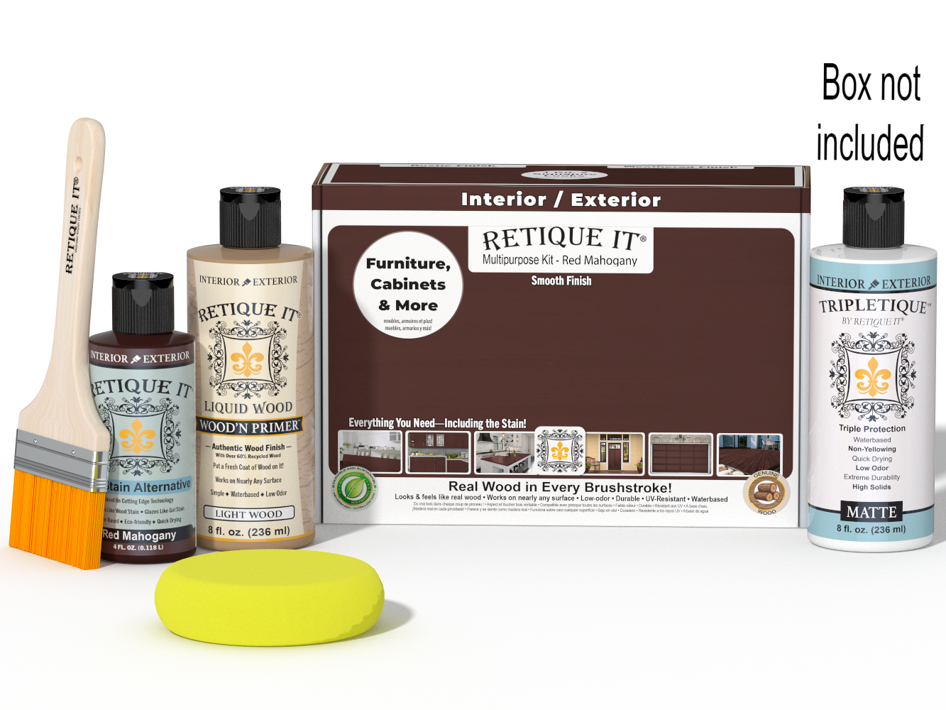 Retique It® Multi-purpose Smooth Finish Kit in Red Mahogany for interior wood projects, includes top coat and application tools.