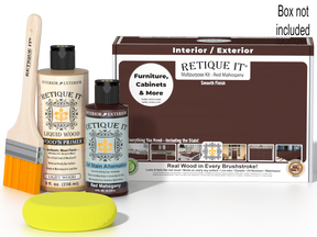 Retique It® Multi-purpose Smooth Finish Kit in Red Mahogany shown with wood finish tools and materials.
