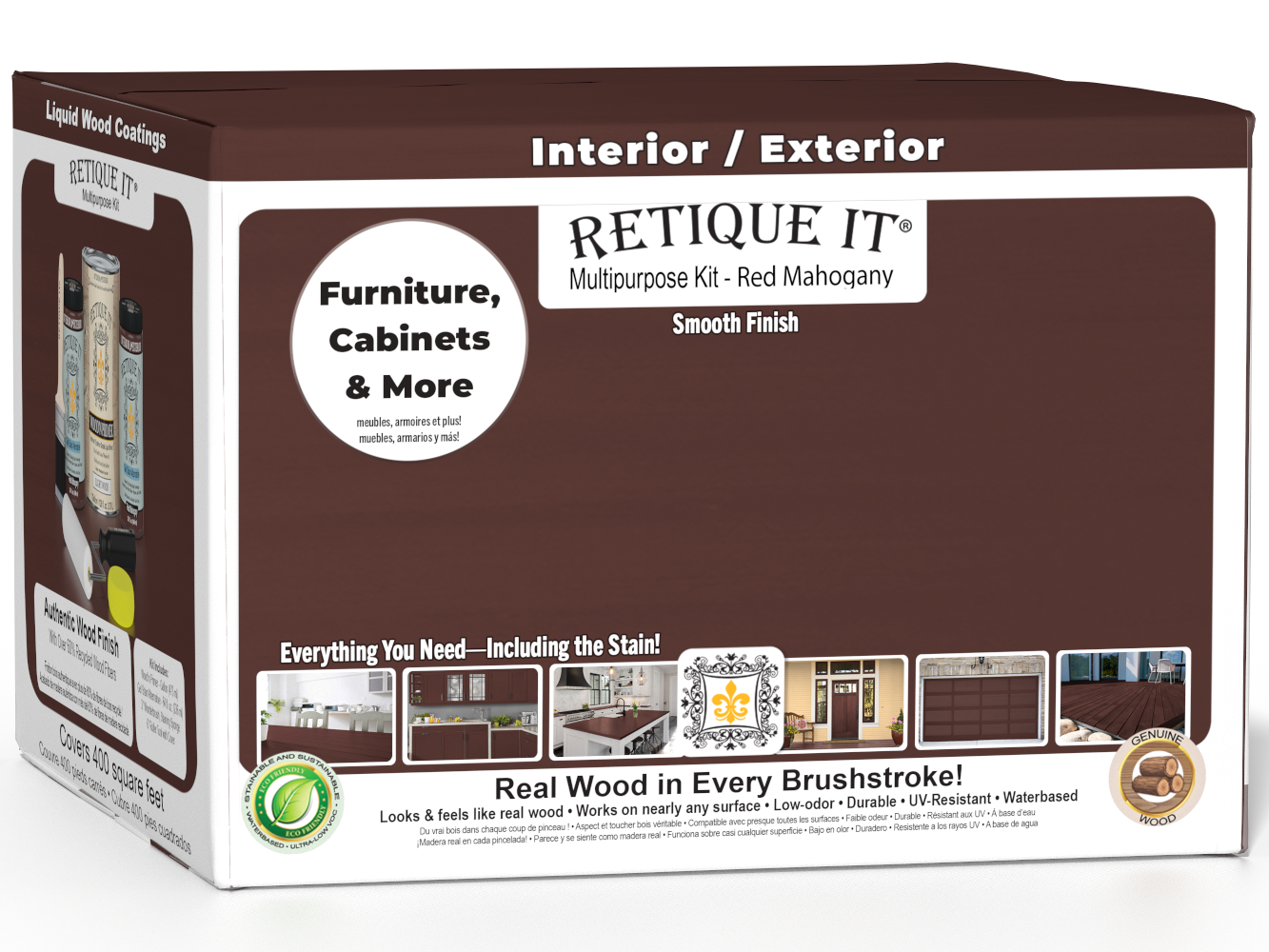 Retique It® Multi-purpose Smooth Finish Kit in Red Mahogany for exterior wood top coating, includes four large wood finish containers.