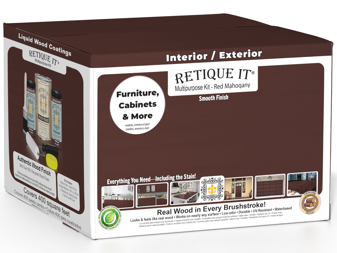 Retique It® Multi-purpose Smooth Finish Kit in Red Mahogany, large wood finishing kit with brushes and tools shown in the box