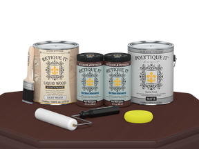 Retique It® wood finish kit with four large red mahogany exterior top coat bottles and matte wood surface, for multi-purpose use.