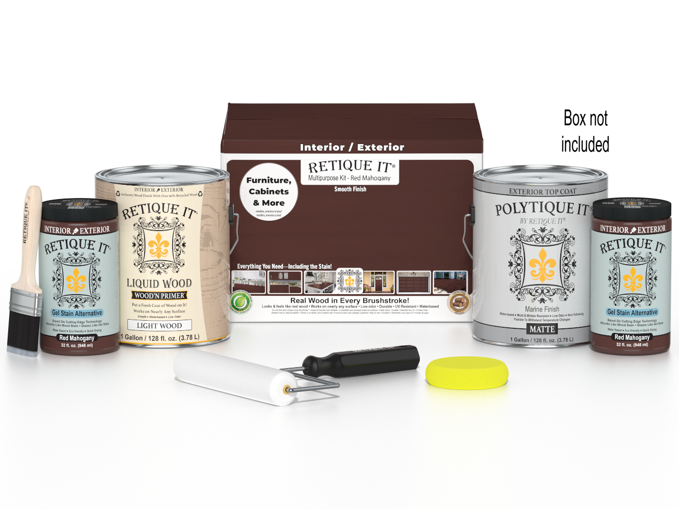 Retique It® Multi-purpose Smooth Finish Kit in Red Mahogany for exterior wood projects, includes four large top coat containers.