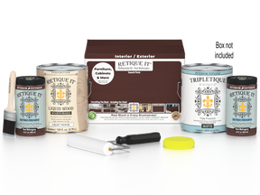 Retique It® Multi-purpose Smooth Finish Kit in Red Mahogany for interior wood top coating, shown with packaging and wood sample.