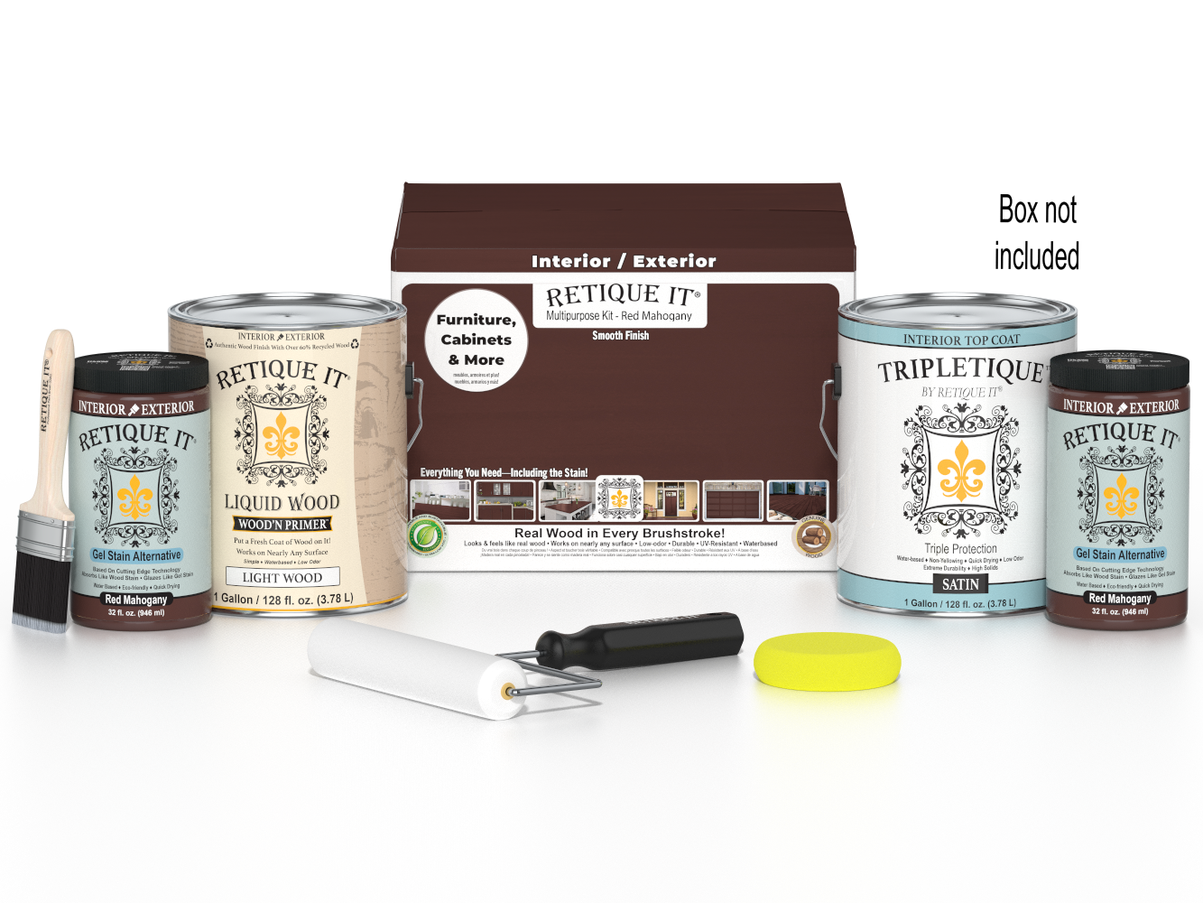 Retique It® Multi-purpose Smooth Finish Kit in Red Mahogany for interior wood projects, includes four large top coat bottles.