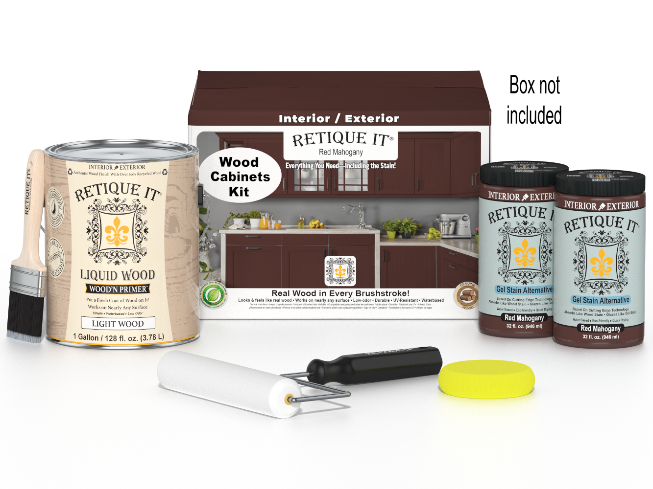 Retique It® Wood'n Cabinet Kit with 48 red mahogany stained doors, smooth finish, for kitchen or bathroom cabinetry.