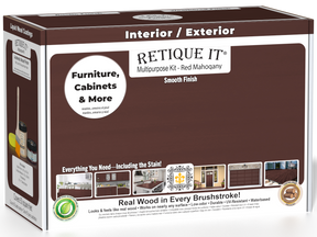 Retique It® Multi-purpose Smooth Finish Kit in Red Mahogany for exterior wood, featuring top coat and finishing tools.