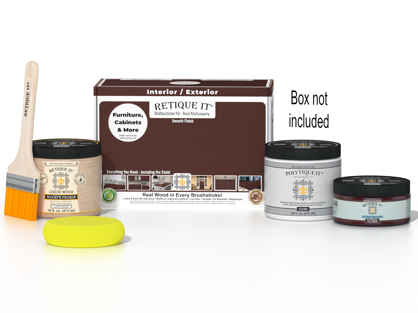 Retique It® Multi-purpose Smooth Finish Kit in Red Mahogany for exterior wood top coating, includes application tools and finish components.