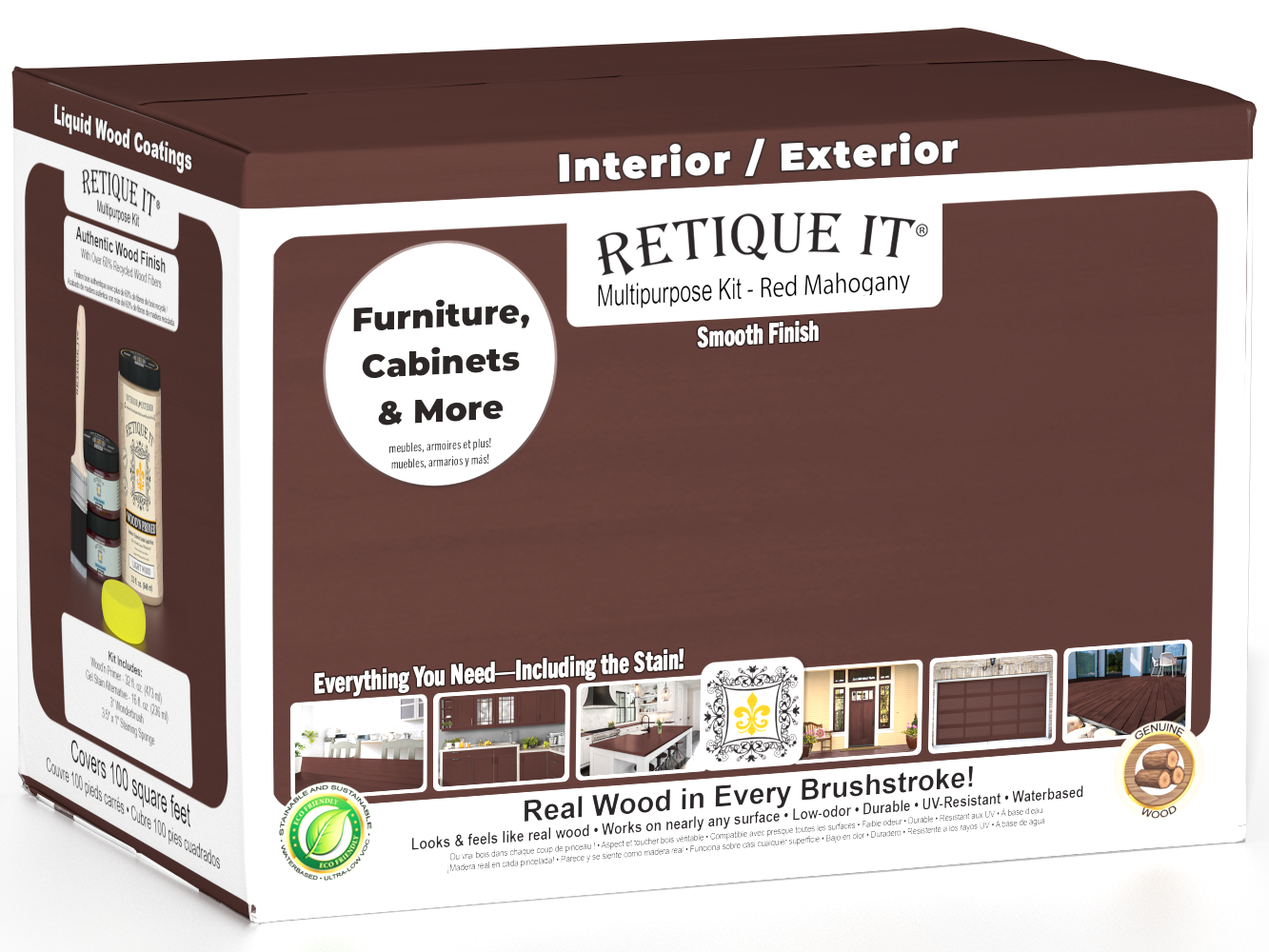 Large Red Mahogany Wood'n Finish Kit by Retique It® for exterior wood surfaces with smooth finish top coat, part of multi-purpose kit.