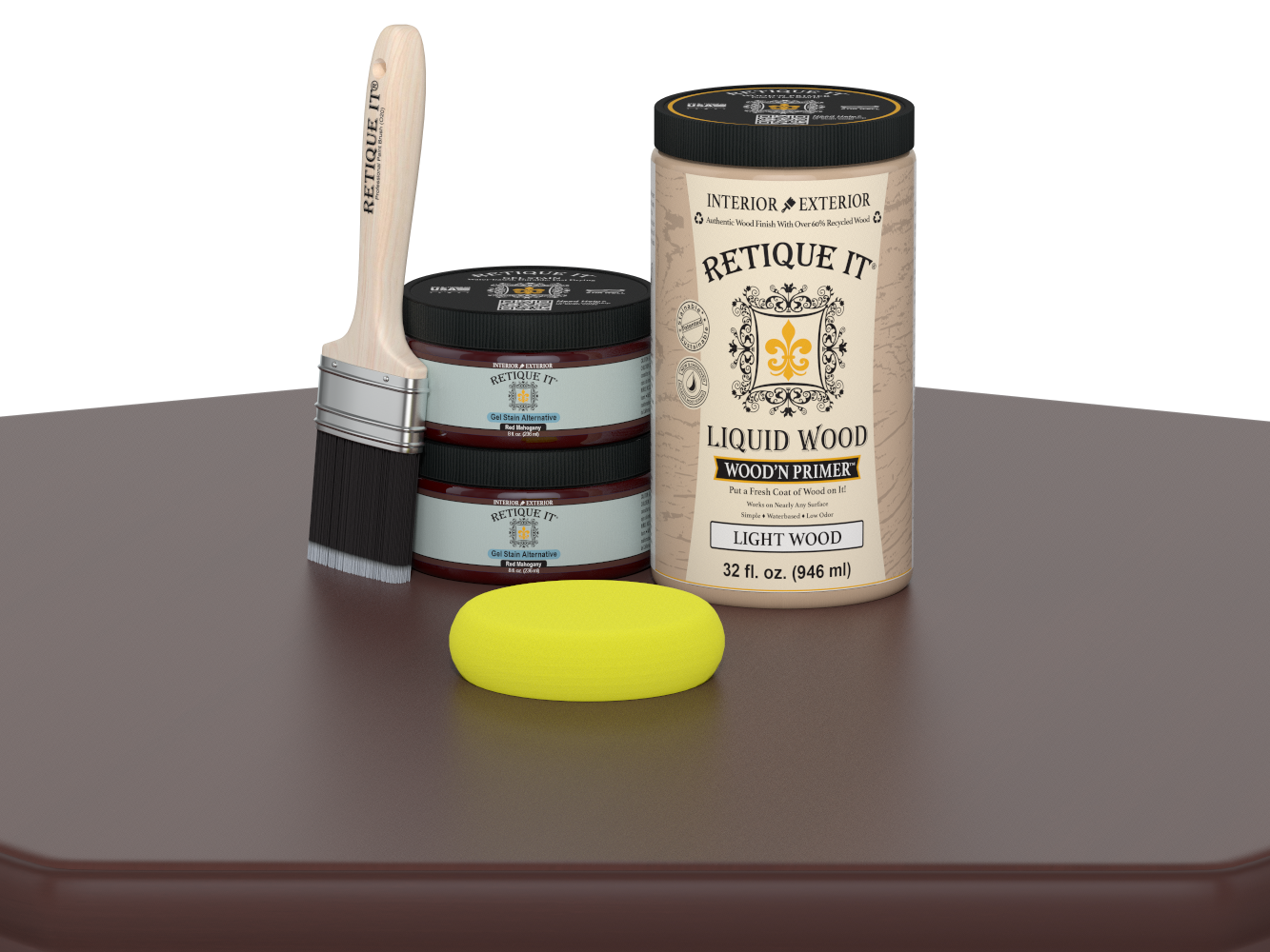 Large Red Mahogany Wood'n Finish Kit by Retique It® with smooth finish and multiple tools for wood finishing projects.