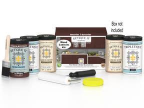 Retique It® Wood'n Cabinet Kit with 24 red mahogany stained cabinet doors and smooth finish, ideal for kitchen or bathroom remodels.