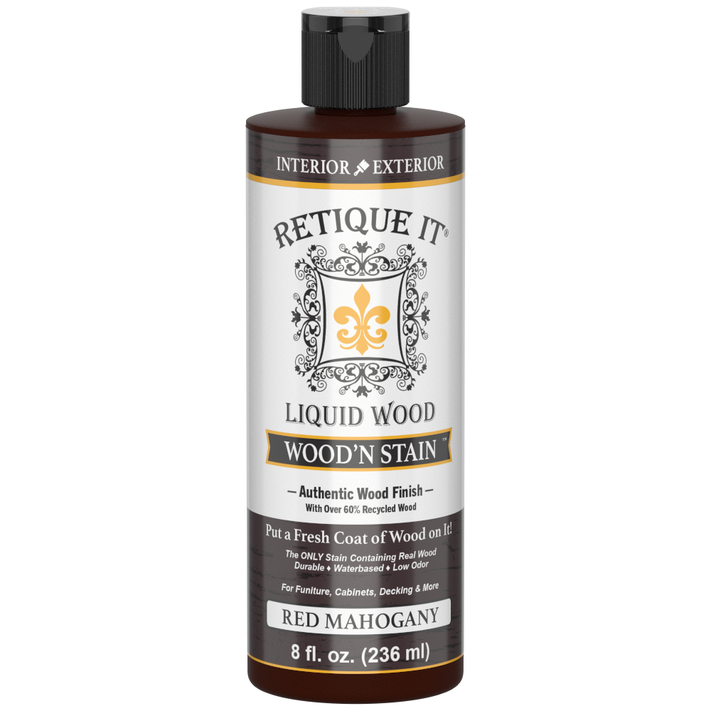 Liquid Wood Wood'n Stain in 8 oz Red Mahogany by Retique It, showing the rich reddish-brown stain and applicator brush.