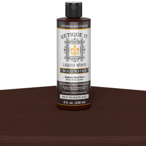 Retique It Liquid Wood Wood'n Stain in Red Mahogany, 8 oz, showing the stain's rich red mahogany color and applicator brush.