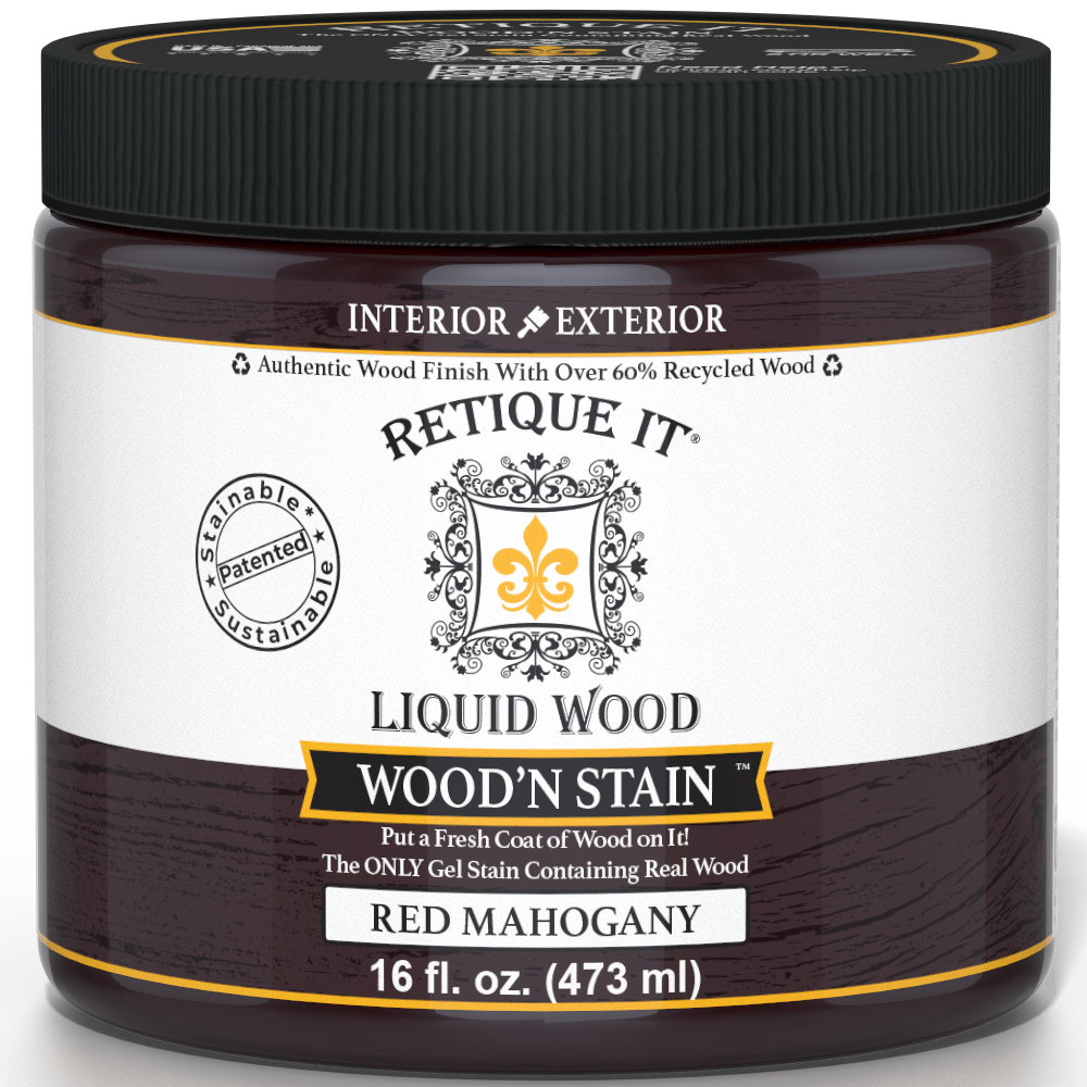 Liquid Wood Wood'n Stain by Retique It in Red Mahogany color, 16 oz bottle, showing the stain's rich red mahogany hue.