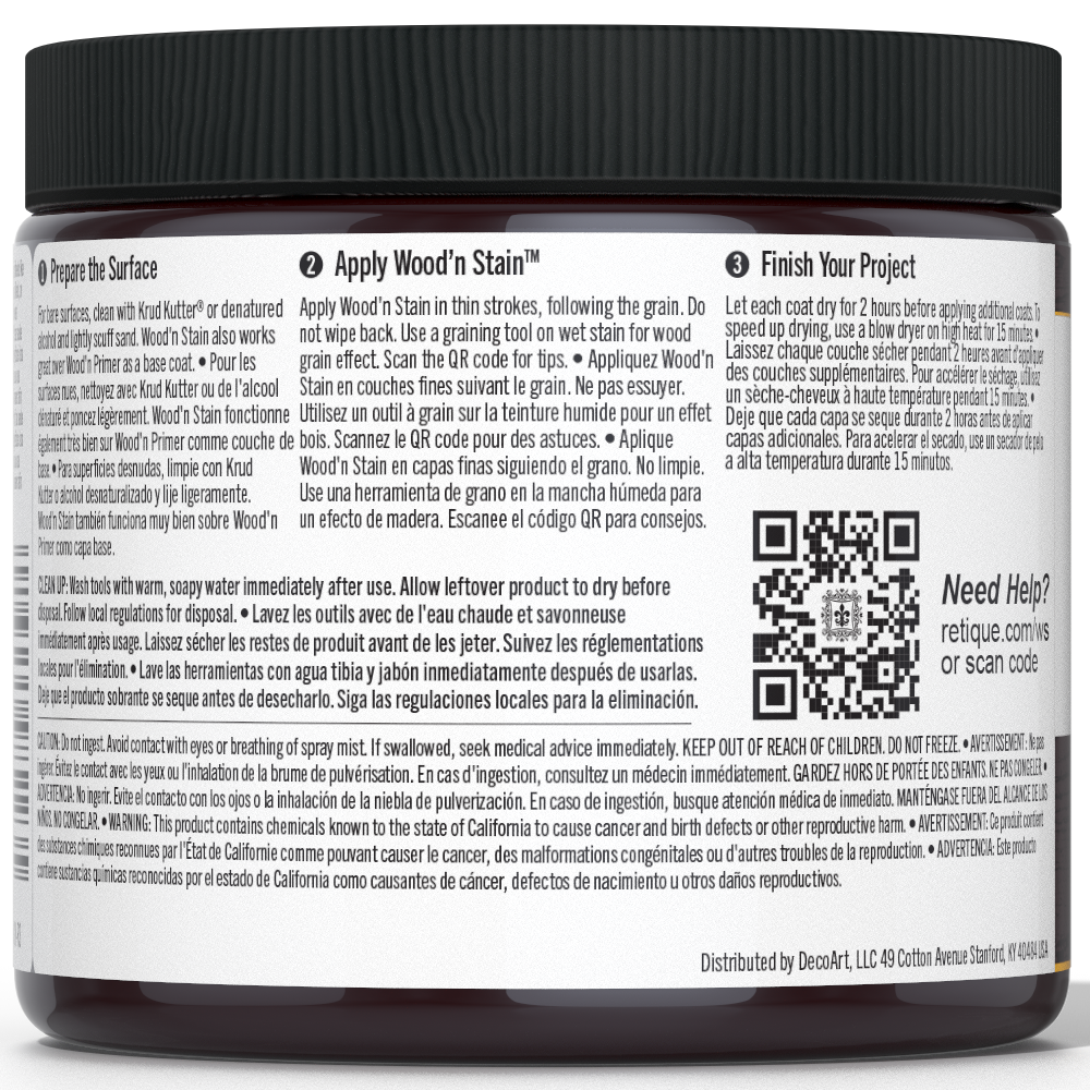 Retique It Liquid Wood Wood'n Stain in Red Mahogany, 16 oz, showing the rich, reddish-brown stain in a clear container.