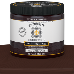Retique It Liquid Wood Wood'n Stain in 16 oz Red Mahogany, showing a jar of wood stain with red mahogany color.