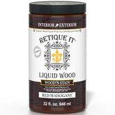 Liquid Wood Wood'n Stain by Retique It in Red Mahogany, 32 oz bottle, showing the stain's rich red mahogany color and product label.