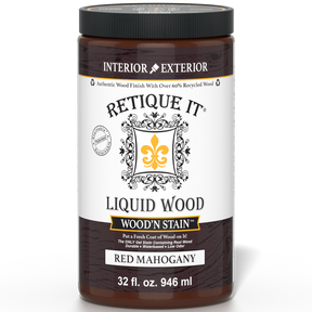 Liquid Wood Wood'n Stain by Retique It in Red Mahogany, 32 oz bottle, showing the stain's rich red mahogany color and product label.