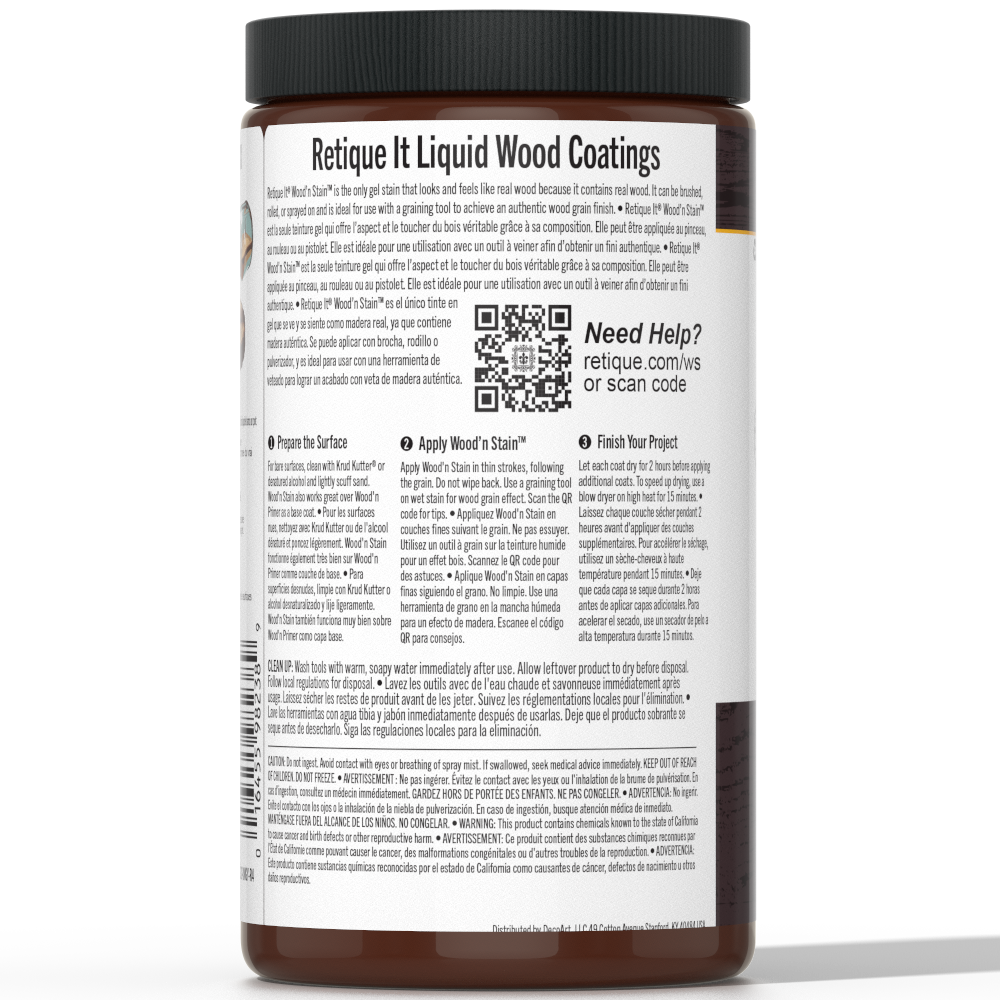 Retique It Liquid Wood Wood'n Stain in 32 oz Red Mahogany, showing the stain in a clear container with the rich red-brown color.