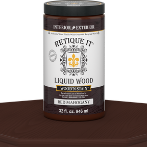 Liquid Wood Wood'n Stain 32 oz in Red Mahogany by Retique It showing the stain bottle with red mahogany color label.