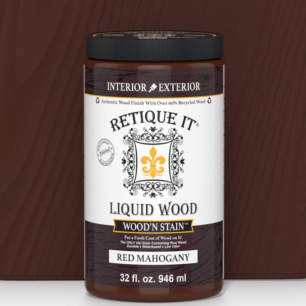 Retique It Liquid Wood Wood'n Stain in Red Mahogany, 32 oz bottle, showing the stain and wood surface ready for application.