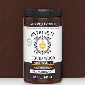 Retique It Liquid Wood Wood'n Stain in Red Mahogany, 32 oz bottle, showing the stain and wood surface ready for application.