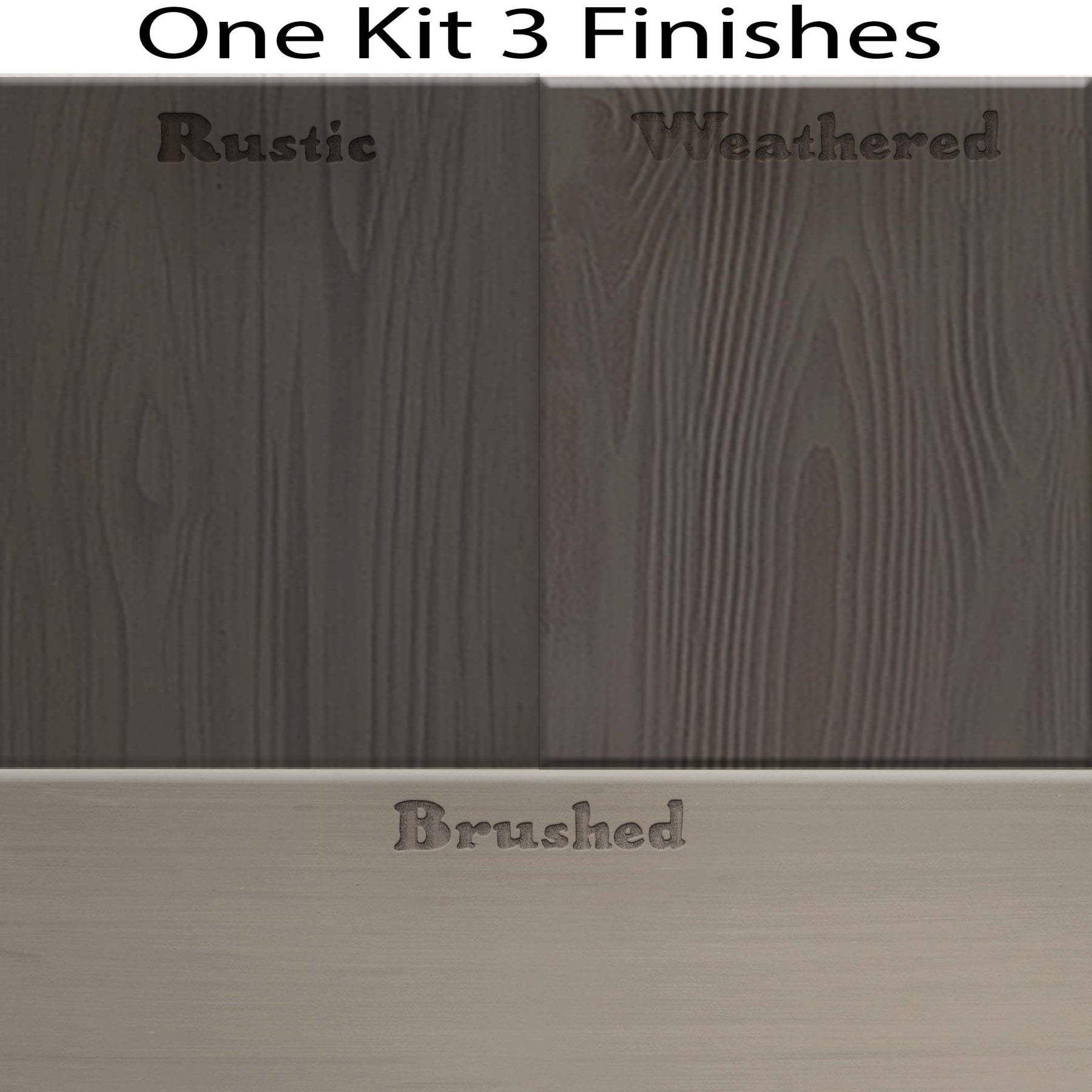 Swatches of Retique It Wood'n Finish Kit in Harbor Gray showing three exterior top coat finishes for wood surfaces.