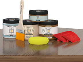 Dark Oak wood finish kit by Retique It® for interior wood projects, featuring a smooth, glossy top coat application.
