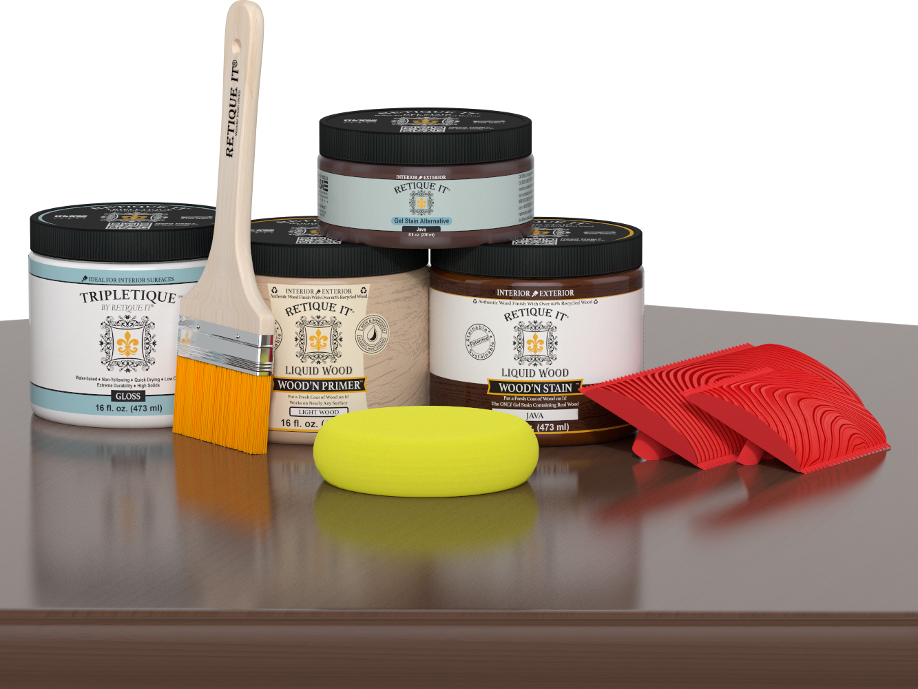 Java-colored Retique It® Wood'n Finish Kit for interior wood projects, shown on a table with a glossy top coat application.