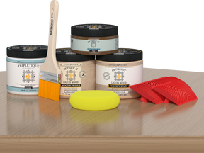 Retique It® Wood'n Finish Kit in Pickled Oak for interior wood projects, featuring a glossy top coat on a wooden surface.