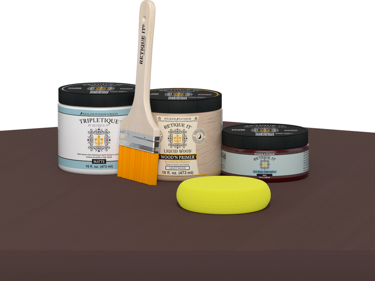 Retique It refinishing kit with Light Wood primer, Java gel stain alternative, matte Tripletique topcoat, a brush and yellow sponge.