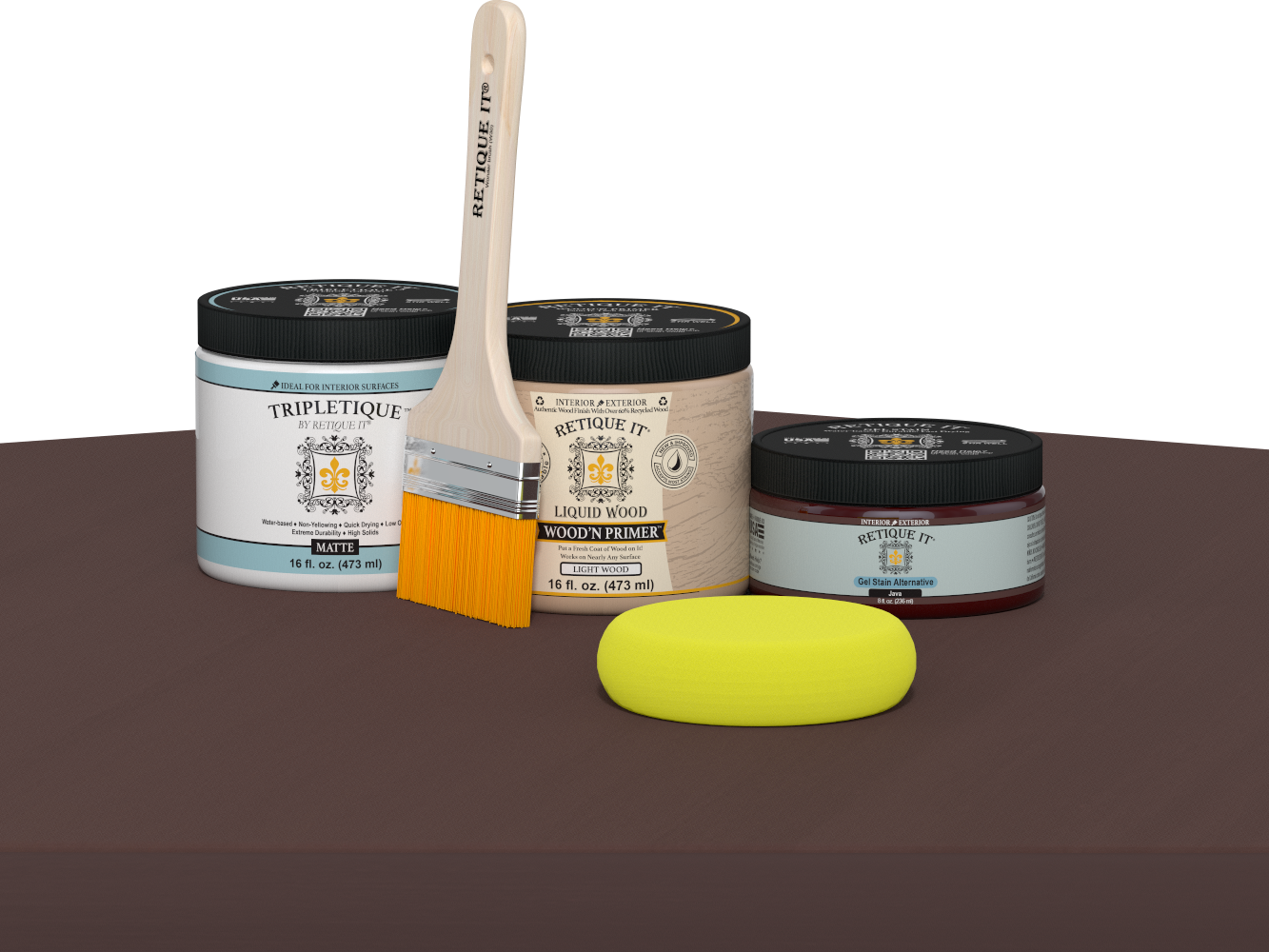 Retique It refinishing kit with Light Wood primer, Java gel stain alternative, matte Tripletique topcoat, a brush and yellow sponge.