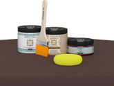 Retique It refinishing kit with Light Wood primer, Java gel stain alternative, matte Tripletique topcoat, a brush and yellow sponge.