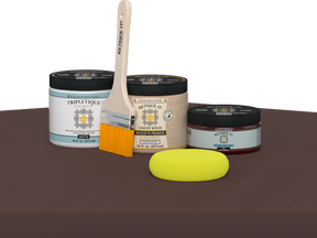 Retique It refinishing kit with Light Wood primer, Java gel stain alternative, matte Tripletique topcoat, a brush and yellow sponge.