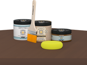 Retique It refinishing kit with Light Wood primer, Dark Oak gel stain alternative, matte Tripletique topcoat, a brush and yellow sponge.
