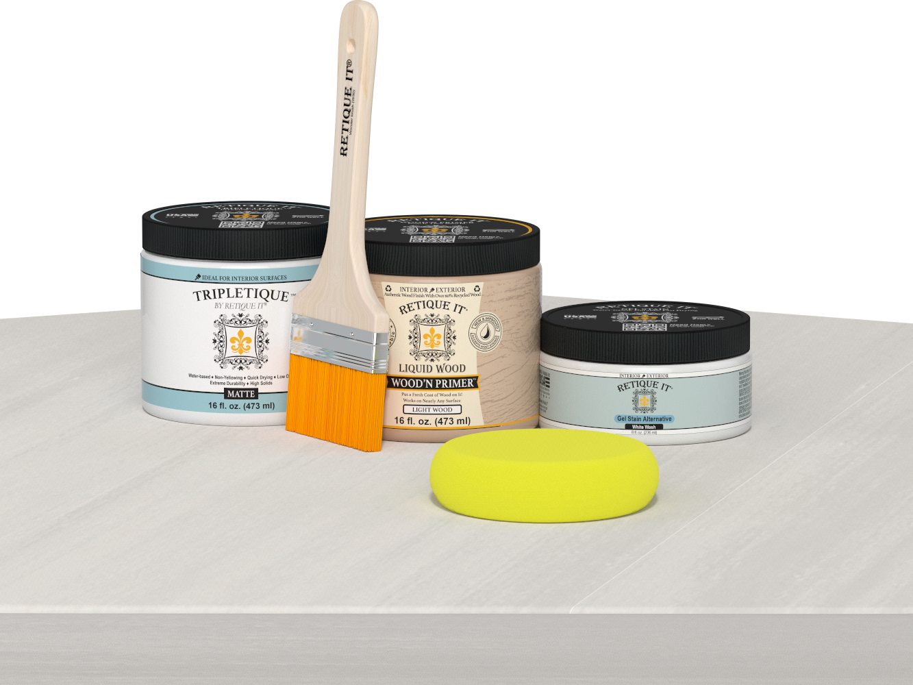 Retique It® White Wash Multipurpose Kit contents with Liquid Wood primer, White Wash gel stain alternative, Tripletique matte interior top coat, paintbrush, and yellow sponge displayed on a white wood surface.