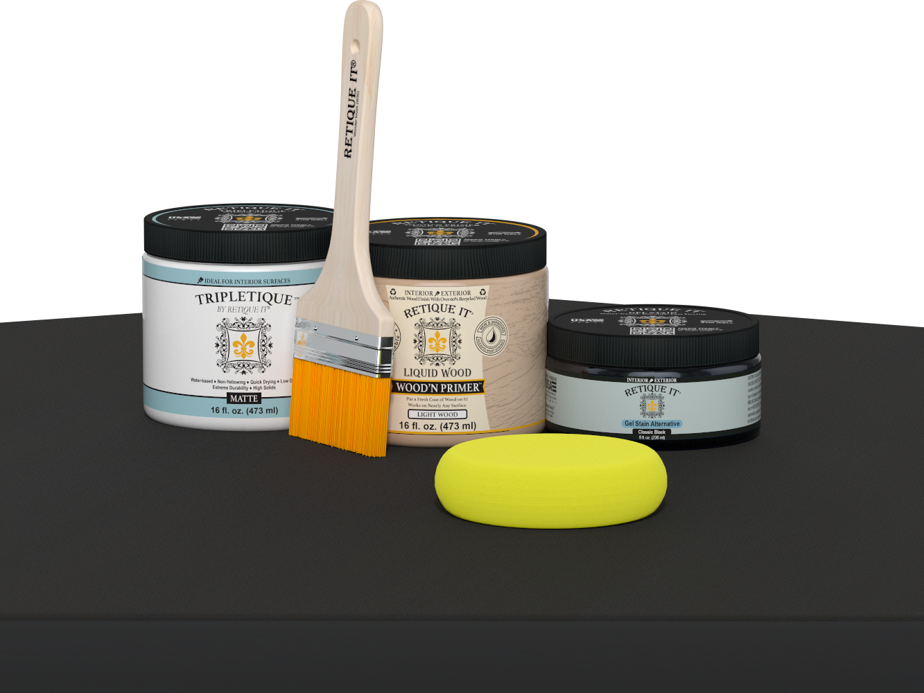 Retique It refinishing kit with Light Wood primer, Classic Black gel stain alternative, matte Tripletique topcoat, a brush and yellow applicator sponge.