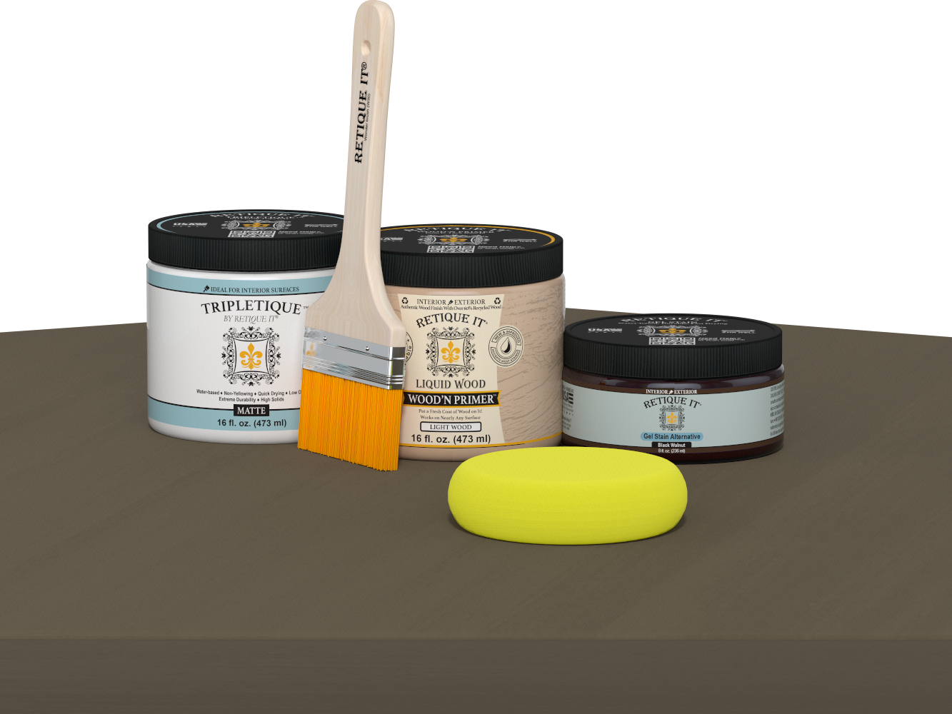 Retique It refinishing kit with Light Wood primer, Black Walnut gel stain alternative, matte Tripletique topcoat, a brush and yellow sponge.