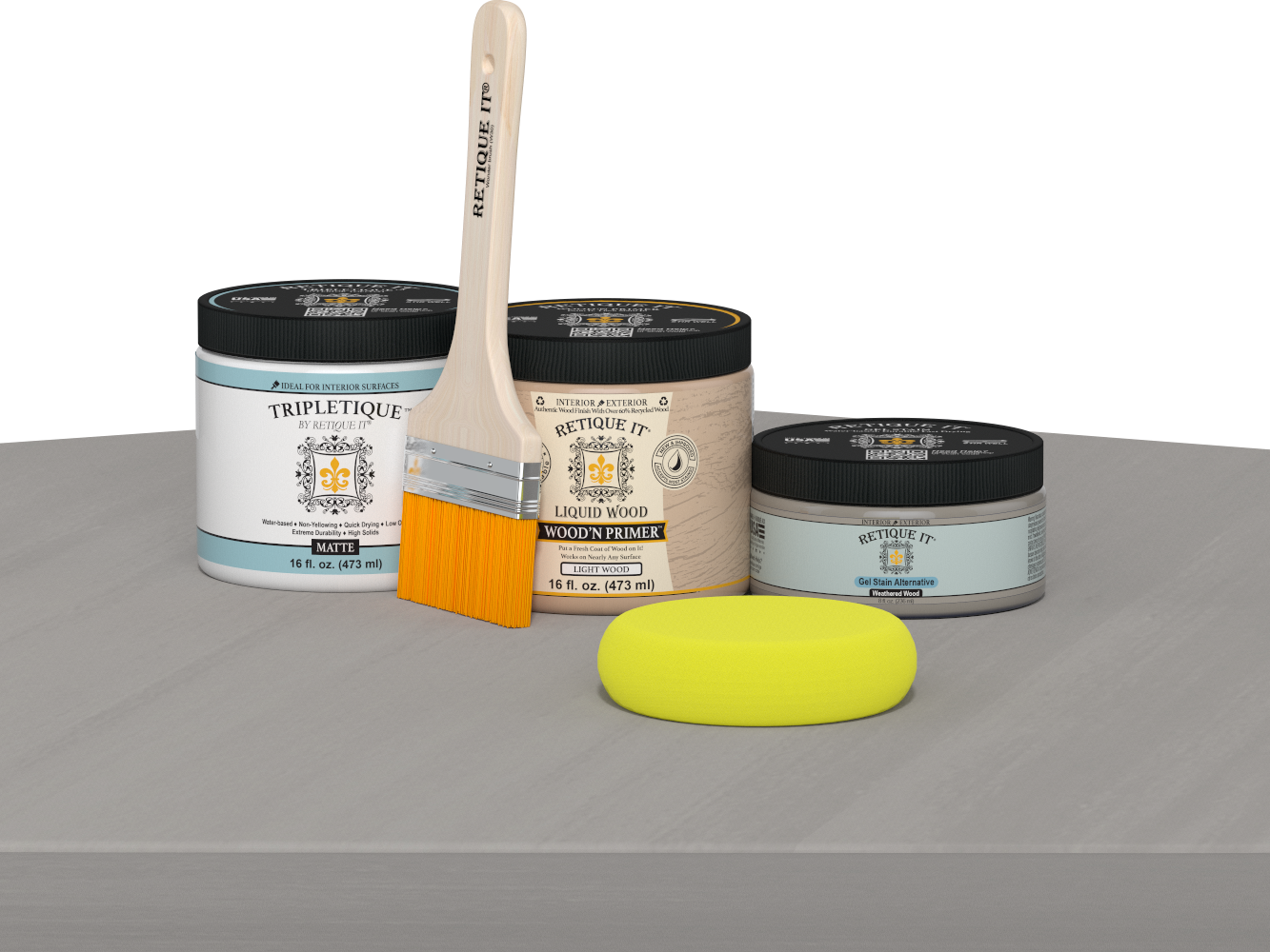 Retique It® Weathered Wood Multipurpose Kit contents with Light Wood Liquid Wood primer, Weathered Wood gel stain alternative, Tripletique matte interior top coat, paintbrush, and yellow sponge displayed on a gray wood surface.