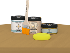 Retique It refinishing kit with Light Wood primer, Old Oak gel stain alternative, matte Tripletique topcoat, a brush and yellow sponge.