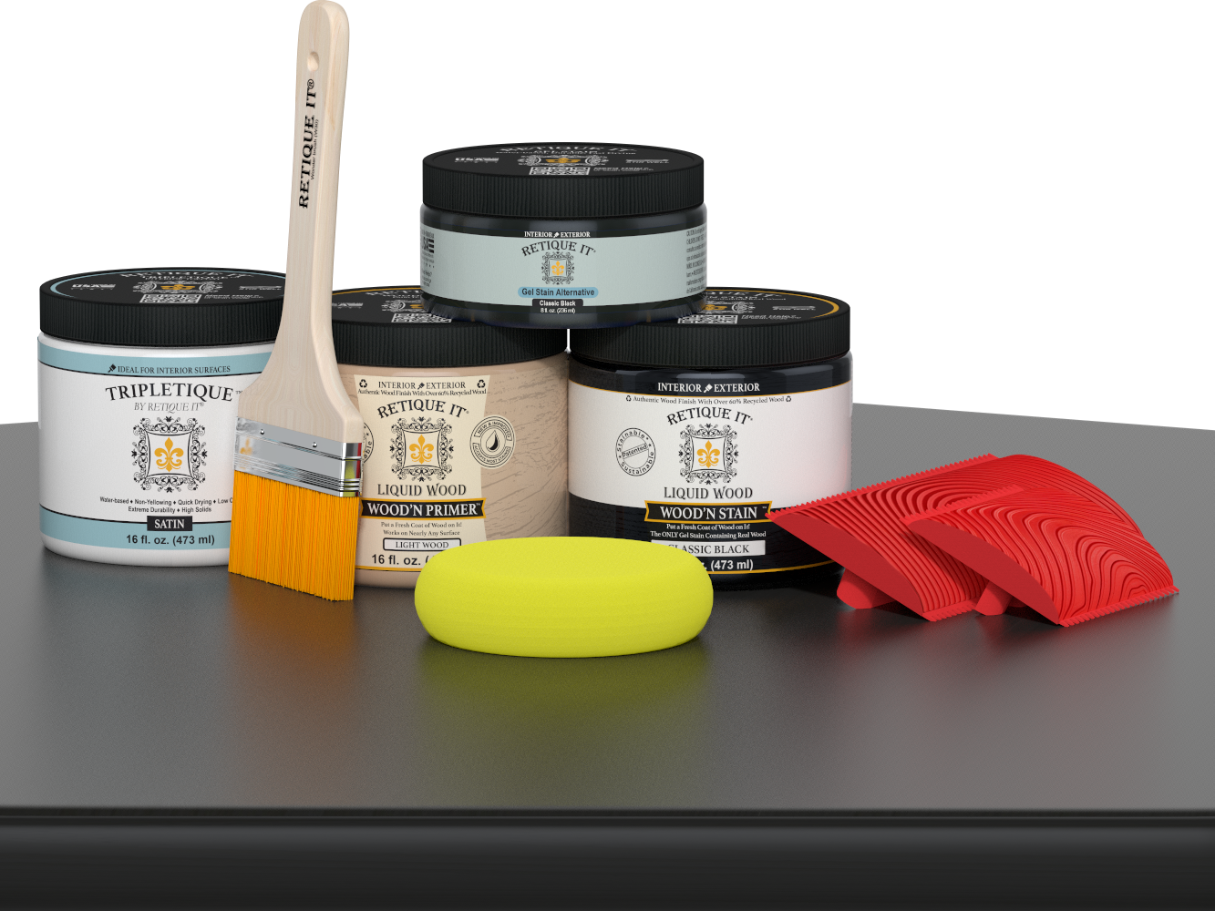 Retique It® Wood'n Finish Kit in Classic Black for interior top coat, shown on a wooden table surface.