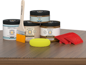Retique It® Wood'n Finish Kit in Dark Oak for interior top coat, showing a satin-finish wood surface with application tools.
