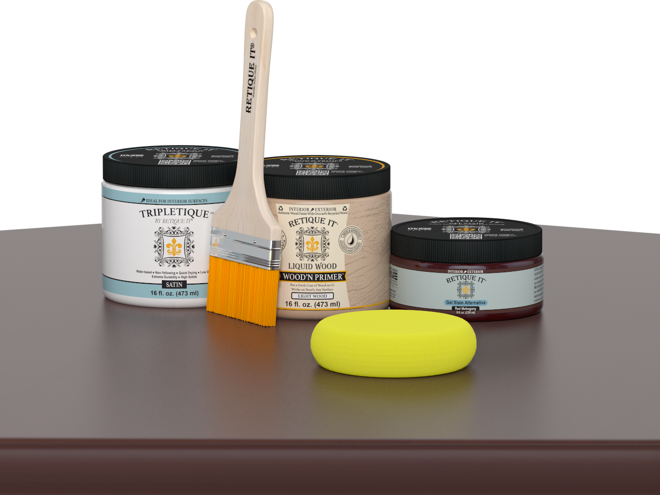 Retique It® Red Mahogany Multipurpose Kit contents with Liquid Wood primer, Red Mahogany gel stain alternative, Tripletique satin interior top coat, paintbrush, and yellow sponge displayed on a dark wood surface.