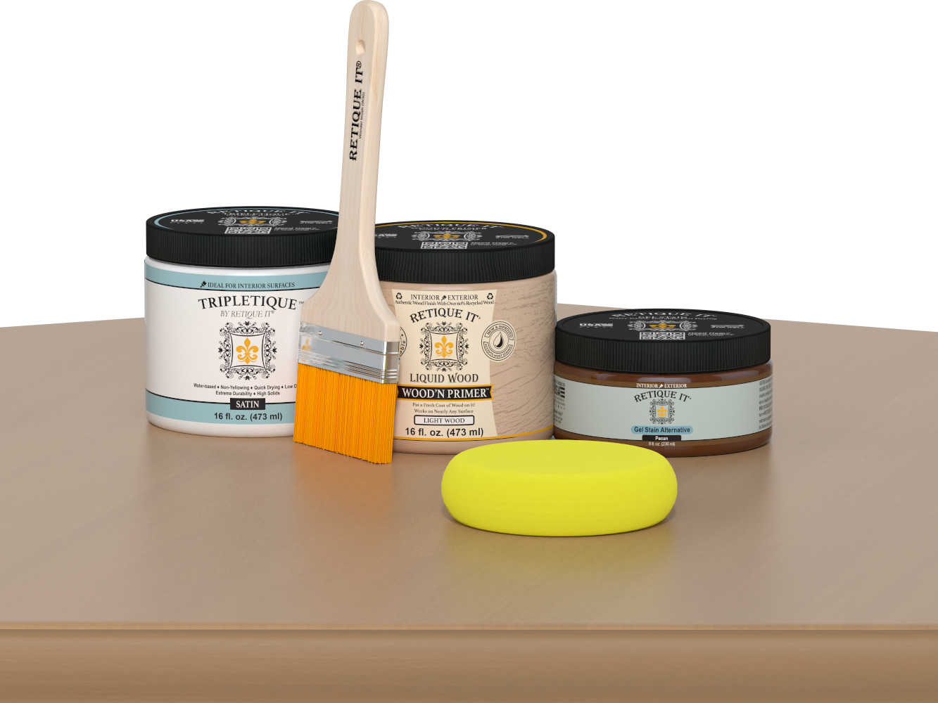 Retique It® Pecan Multipurpose Kit contents with Light Wood Liquid Wood primer, Pecan gel stain alternative, Tripletique satin interior top coat, paintbrush, and yellow sponge displayed on a wood surface.