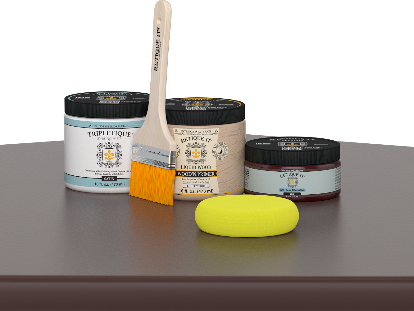 Retique It® Java Multipurpose Kit contents with Liquid Wood primer, Java gel stain alternative, Tripletique satin interior top coat, paintbrush, and yellow sponge displayed on a dark wood surface.
