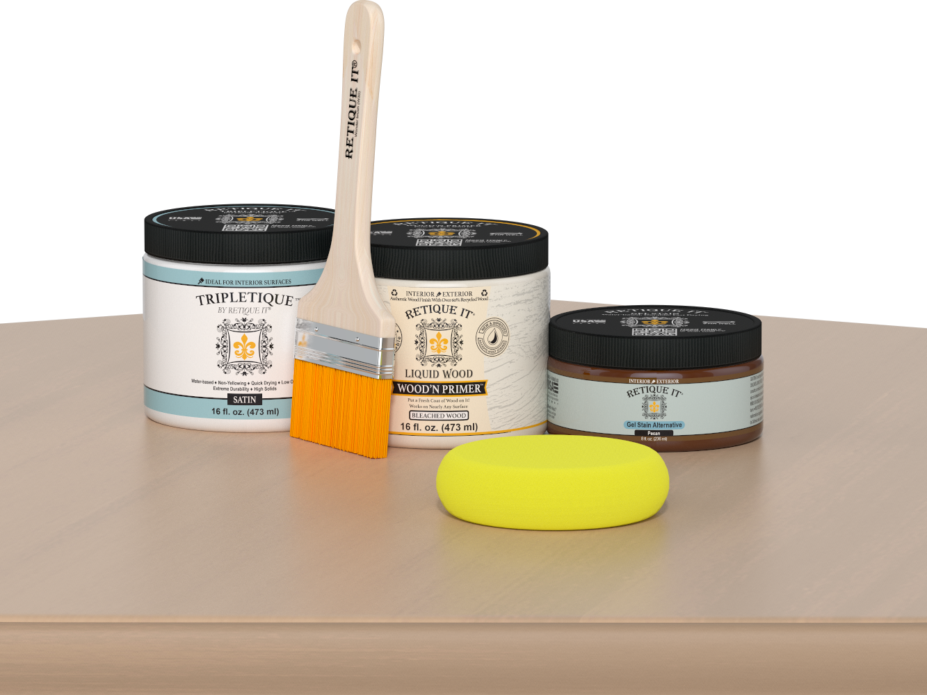 Retique It® White Oak Multipurpose Kit contents with Liquid Wood primer, Pecan gel stain alternative, Tripletique satin interior top coat, paintbrush, and yellow sponge displayed on a light wood surface.