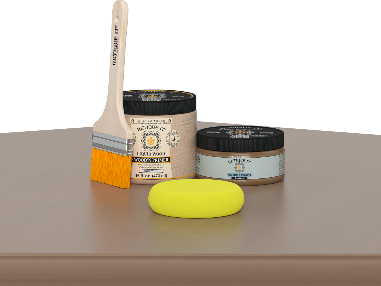 Retique It Barn Wood Kit with Light Wood Wood'n Primer, Barn Wood Gel Stain Alternative, paintbrush, and yellow sponge on a tabletop.