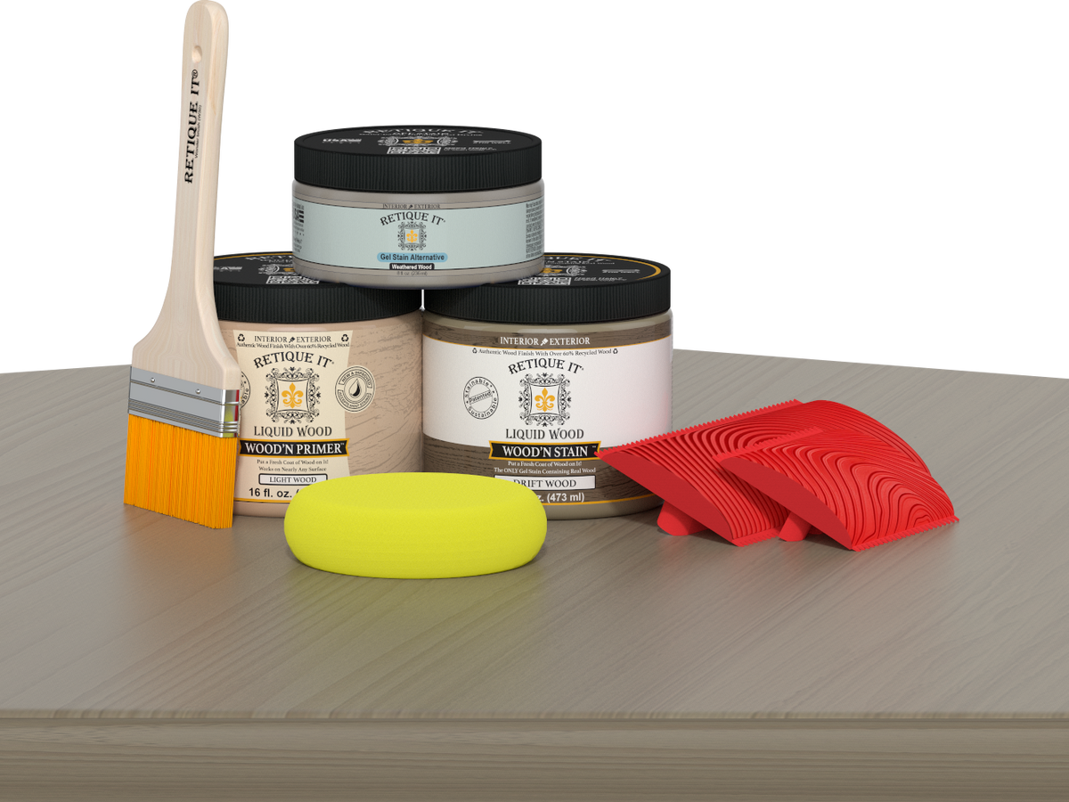 Retique It® Wood'n Finish Kit in medium for driftwood effect, includes brushes and finishing tools for wood furniture.