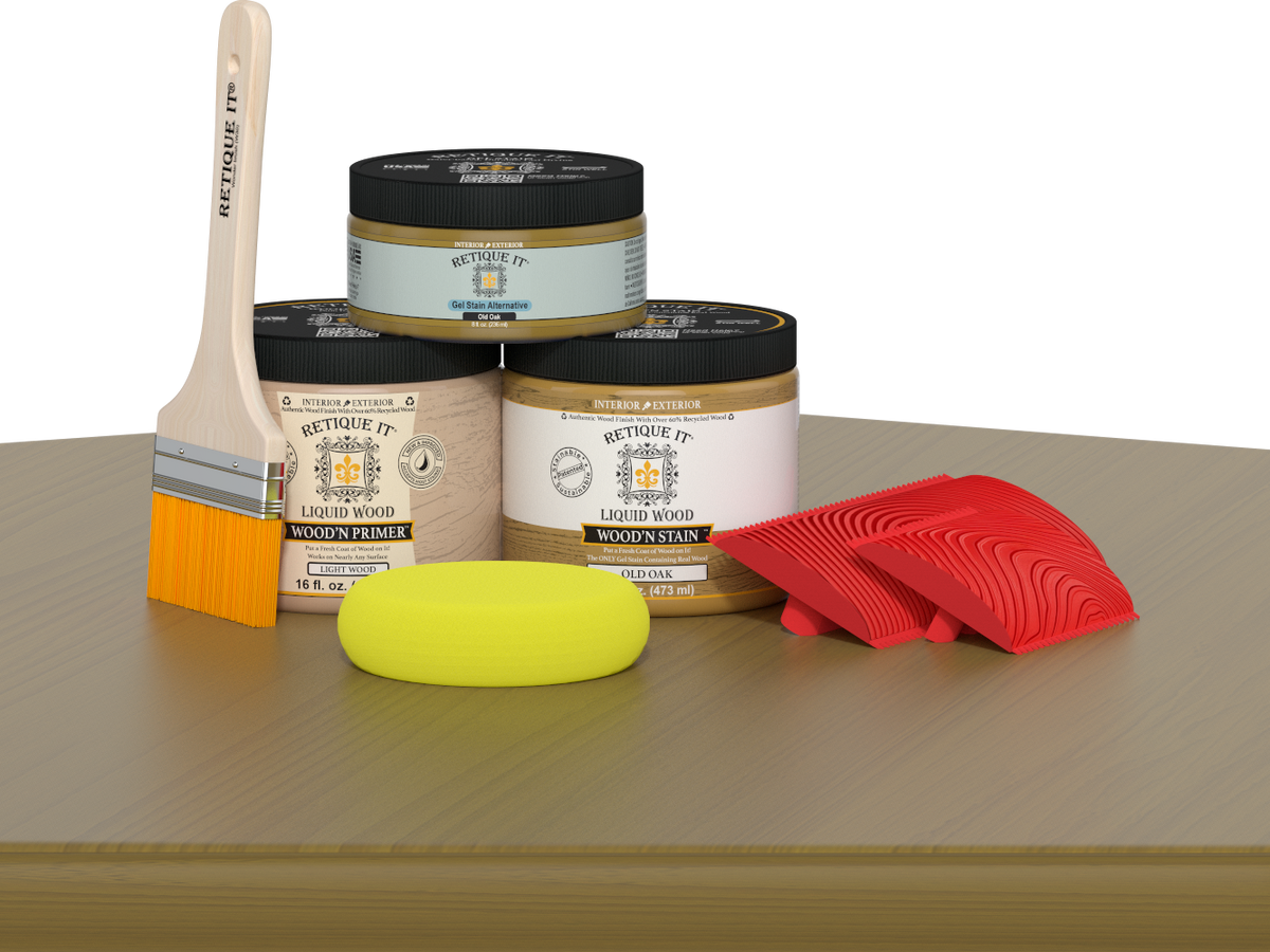 Retique It® Wood'n Finish Kit in Old Oak, a multi-purpose wood finishing set shown with wood sample and application tools.