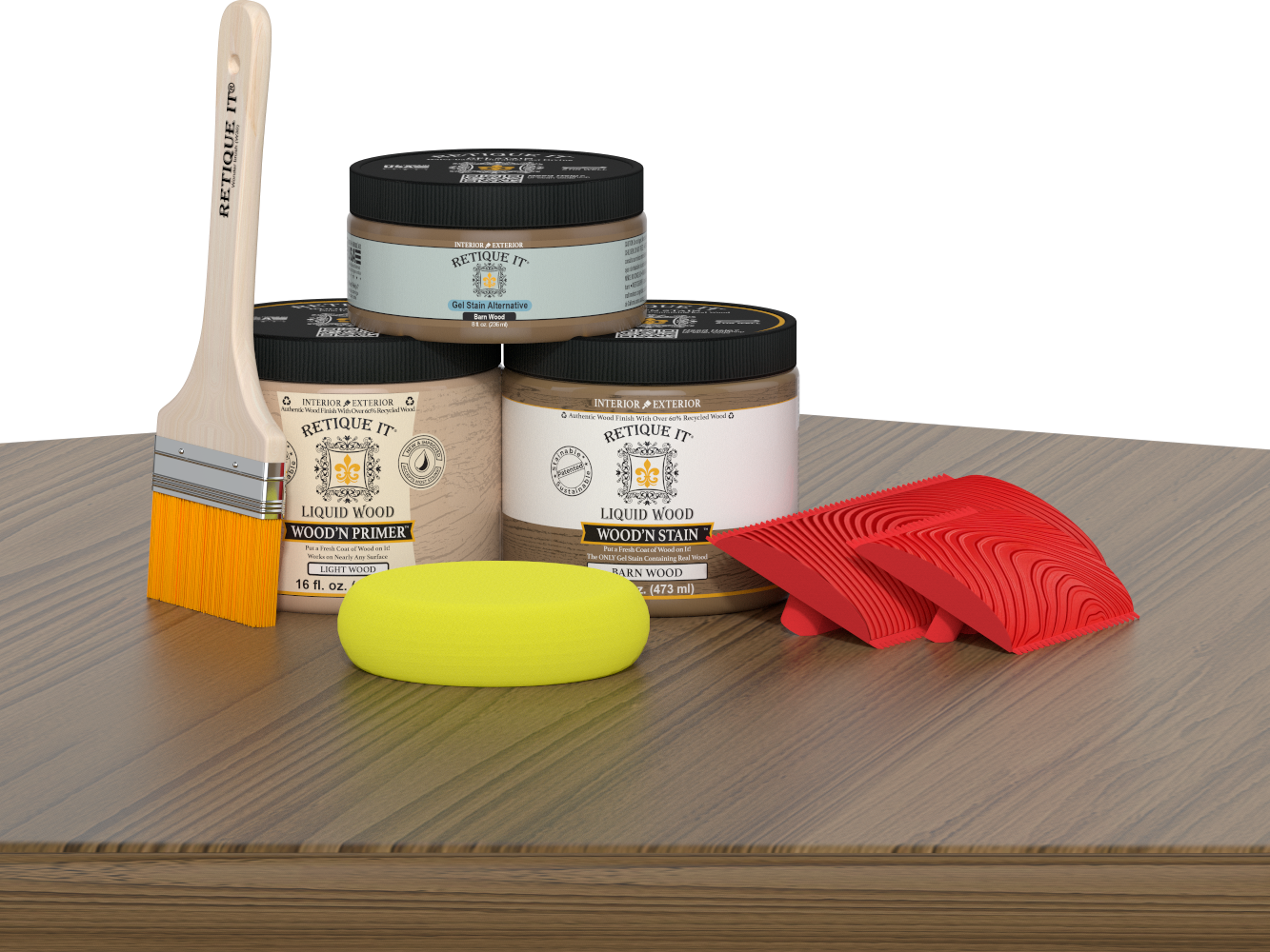 Retique It® Fireplace Wood'n Finish Kit for full fireplace in modern walnut stain, showing wood stain and finishing tools.